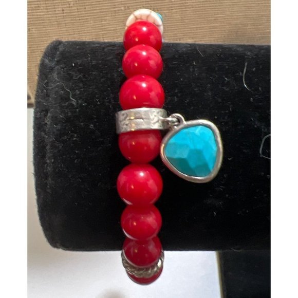 Red And  Blue Glass Bead Bracelet -- 7.75" - Picture 1 of 8